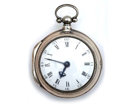 An Irish, silver pair-cased, verge, fusee pocket watch, c.1782, the 36mm white enamel dial with Roman and Arabic numerals, th