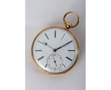 A Swiss, gilt-cased, open face, pocket watch, by Racine, Geneva, the 43mm white enamel dial with Roman numerals and subsidiar