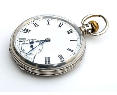 A silver-cased Swiss pocket watch, the 45mm white enamel dial with Roman numerals and subsidiary seconds dial, the ¾ plate, p