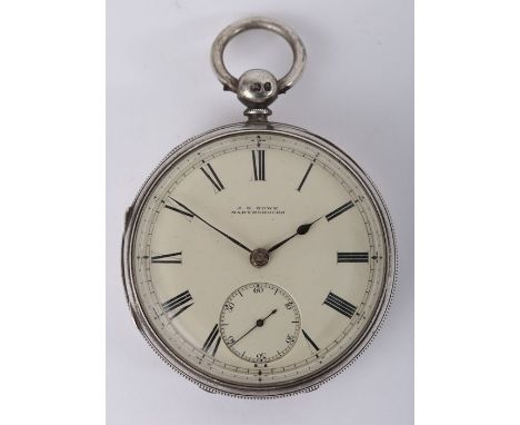 A Victorian, silver cased, open face fusee pocket watch, for an Irish provincial retailer, the 39mm, white enamel dial with R