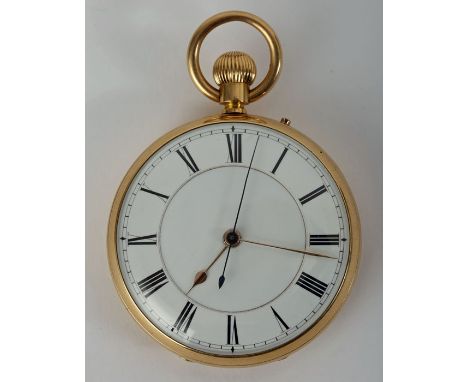 A 1930s, 18 carat gold cased, open face, pocket watch, the 45mm, white enamel dial with Roman numerals, the ¾-plate movement 