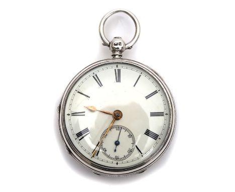 A silver cased English fusee pocket watch, the 42mm white enamel dial with Roman numerals and subsidiary seconds dial, the gi