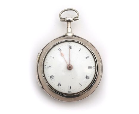  An Irish, silver pair-cased, verge, fusee pocket watch, c.1780, the 41mm white enamel dial with Roman and Arabic numerals, t