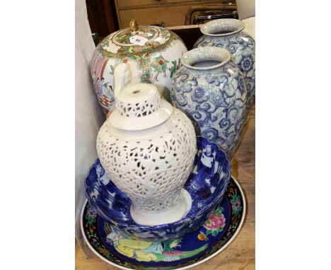 Large Chinese blue and white bowl and polychrome plaque, pair and one vase, figure and lamp base