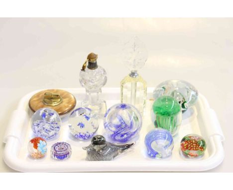 Two glass scent bottles, table lighter and collection of paperweights