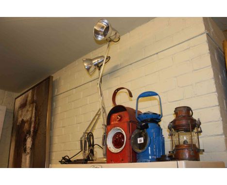 Two angle poise lamps, vintage road lamp, small anchor light and converted carriage lamp
