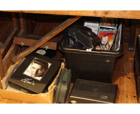 Old fashion record player, Elvis item, photographs, clarinet, box with telephone, etc