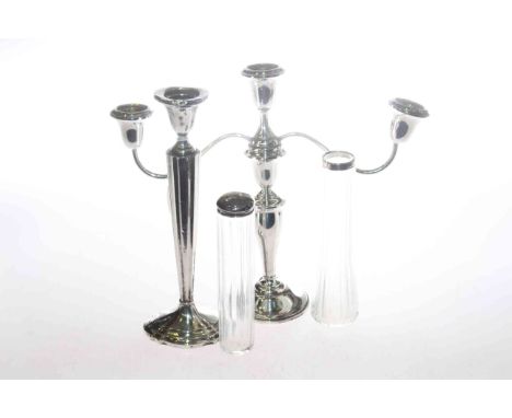 Sterling silver candelabrum, candlestick and two toilet bottles