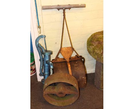 Vintage garden roller, water pump and pulley wheel (3)