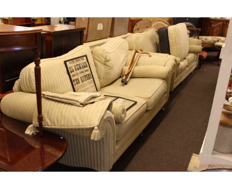 Pair three seater settees and footstool in striped fabric with removable arm covers and spare cushion cover