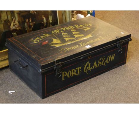 Nautical painted tin trunk and gilt framed coloured oleograph (2)
