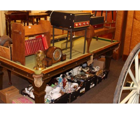 Five boxes of glassware, china, figures, clocks, bookstand and books, record player, two radios, telephone seat and stool