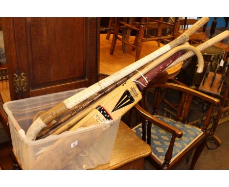 Cricket bat, two croquet mallets, hockey stick, walking sticks, etc