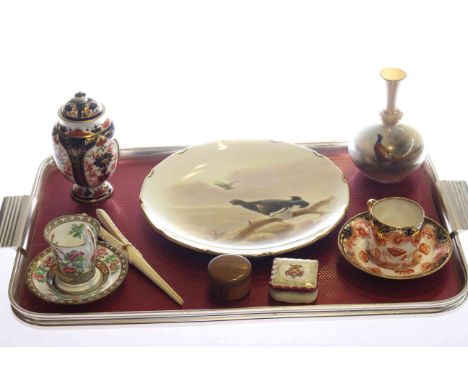 Royal Worcester bird painted plate and vase, Derby Imari pattern vase, cabinet cups and saucers, glove stretchers, etc