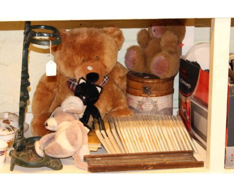 Four soft toys, snooker scoreboard, stick stand and sticks, collection of Beatrix Potter books, figure and box