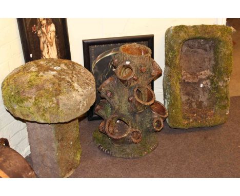 Weathered garden trough, salt glazed naturalistic tree trunk planter and weathered saddle stone (3)