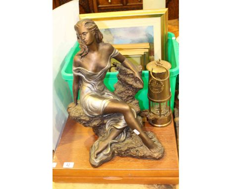 Part canteen of cutlery, female sculpture, miners lamp, copper kettle, figure and six pictures