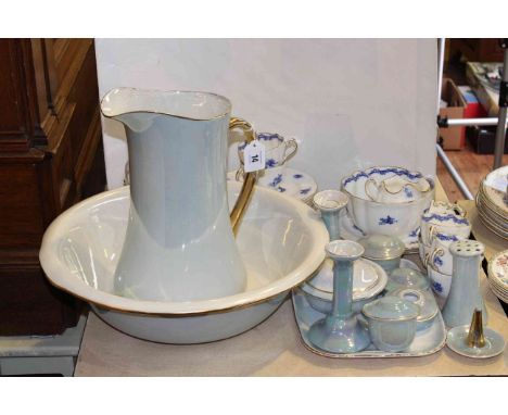 Lustre toilet jug, basin and trinket set and a Victorian tea set