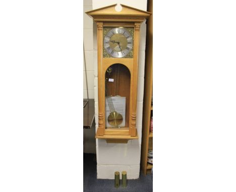 A lovely 20th century oak chiming wall clock by Rowe of Guernsey with original paperwork from 1981 H 116cm