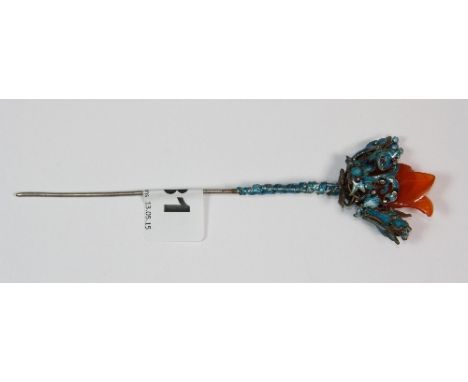 A fine Chinese white metal, enamel and carved cornelian hair ornament