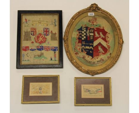 A gilt framed armorial tapestry, a framed coronation tapestry and 2 WWI framed postcards