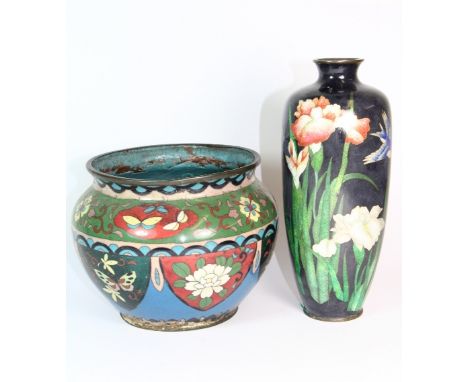 An early 20th century Japanese cloisonné planter H 15cm and a cloisonné vase H 24cm (both A/F)