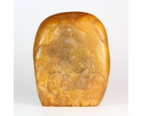 A large mid 20th century Chinese yellow soapstone seal of a mountain landscape with figures 12.5cm x 10cm x 3cm