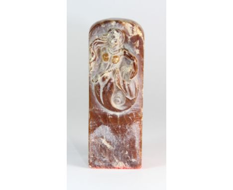 An unusual early 20th century Chinese carved soapstone seal decorated with a sea Goddess H 10cm