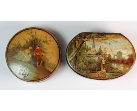 An early papier mache snuff box and a hand painted orange phenolic patch box
