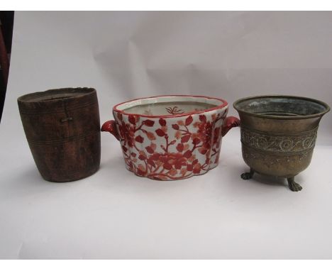 A brass footed jardinere, Chinese style ceramic jardinere and wooden jardinere (3) 