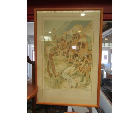 A Liz Moon print entitled 'Mixed Doubles' depicting couples playing golf by beach huts, pencil signed and titled, framed and 