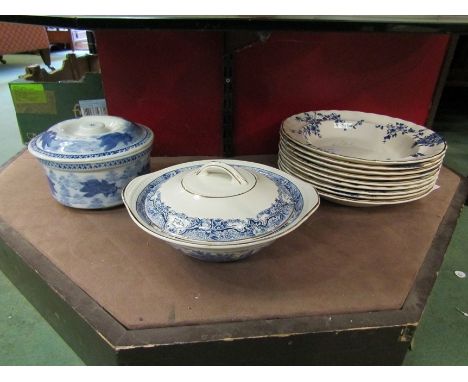 A Ridgeway lidded dish, unmarked porcelain lidded dish, nine Essex K &amp; C soup/pasta bowls 