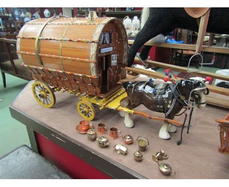 A Romany Rose caravan wagon, cart, and a pair of ceramic heavy horses 