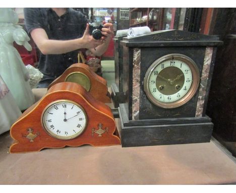 An Edwardian style slate and marble mantel clock with cracked chapter ring, with pendulum and another mantel clock 