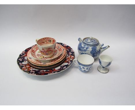 An Imari style Imperial stone china plate together with cups and saucers in the Chinese style, and blue and white Chinese exp