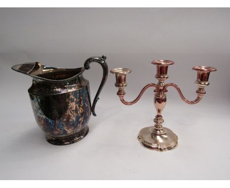 A sliverplate  by Poole jug and plated candelabra 
