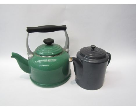 A Le Cruset charcoal glaze ceramic teapot and green enamel kettle 