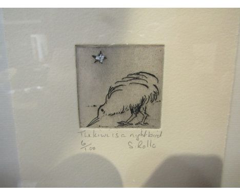 A limited edition print by S Rollo, 6/100 entitled "The Kiwi is a night bird", framed and glazed, 17cm x 12.5cm 