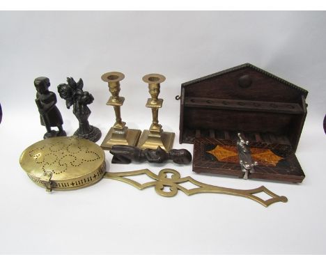 A mixed lot including smoker's pipe rack, brass chestnut roaster, candlesticks etc. 
