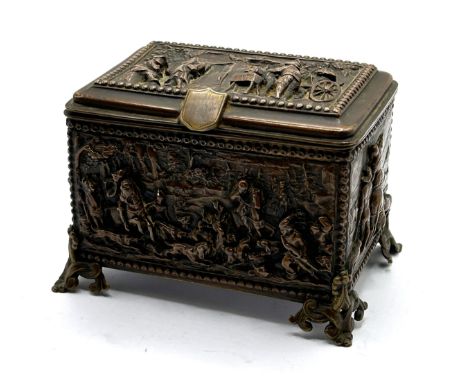 A French ring box, decorated a hunting scene, stamped A B Paris, 8 cm wide 