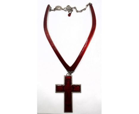 A Jean Paul Gaultier red enamel cross pendant, on a red enamel silver coloured metal necklace 