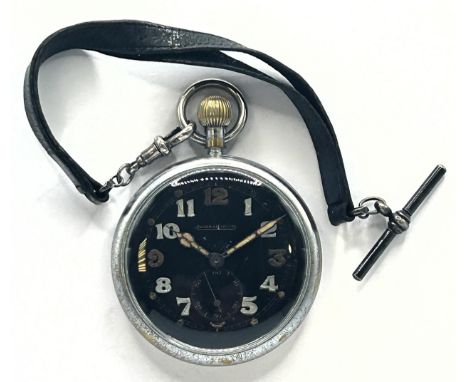 A Jaeger-LeCoultre military open face pocket watch, the black dial with luminous Arabic numerals and a subsidiary seconds dia