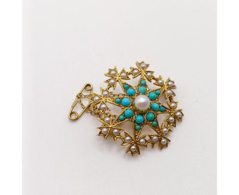 A yellow metal, seed pearl and turquoise brooch5.7 g all in 