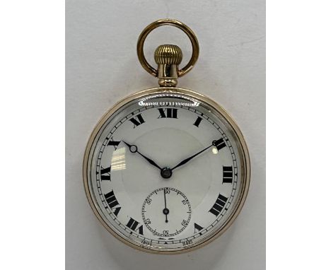 A 9ct gold open face pocket watch, the enamel dial with Roman numerals and subsidiary seconds dial, the dust cover with prese