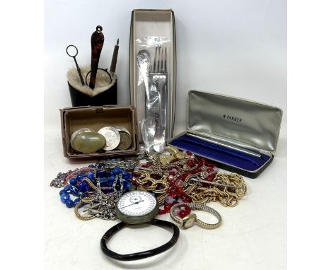Assorted costume jewellery, coins, a stop watch, a Christofle silver plated fork and spoon, boxed and other items 
