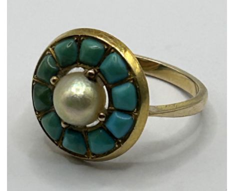 A gold, turquoise and cultured pearl cluster ringRing Size: R 
