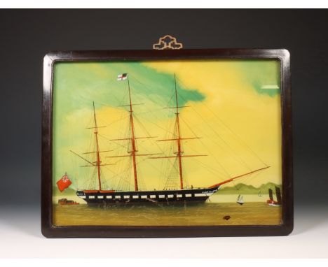 China, export achterglasschildering, ca. 1830-'40, met voorstelling van Engelse driemaster en Chinese jonken, in originele ho