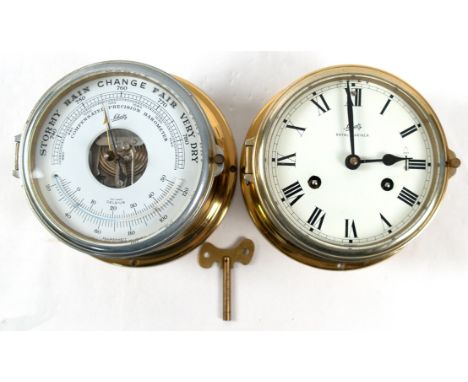 Schiffsuhr und -Barometer, Schatz, je im Messinggehäuse,  Uhr, Royal Mariner, Deutschland 20. Jh., mit Schlüsselaufzug, funkt