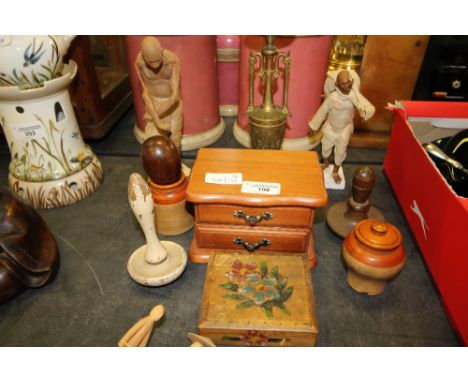 Brass candlestick, darning mushrooms, clay figures, etc.