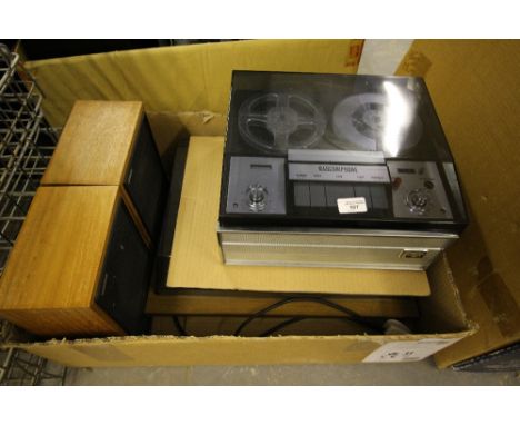 Prinz Calypso record deck and speakers with a marconiphone reel to reel tape player recorder